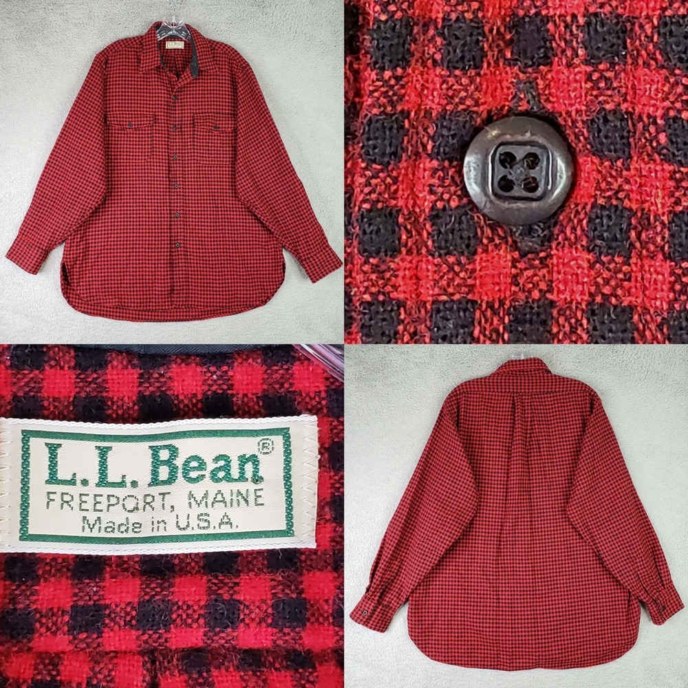 LL Bean Flannel Shirt Vtg Mens L/XL Red Black Plaid Wool Long Sleeve Made in USA